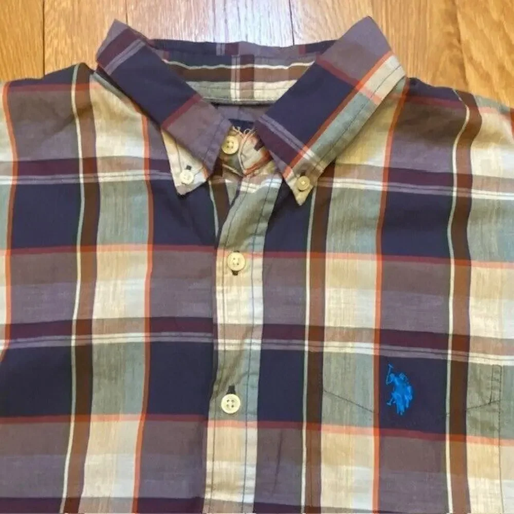US Polo Assn Mens Medium Button Down Shirt Purple Plaid Collared Button Up Horse